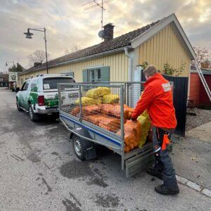 En man som lastar in färdig vid i påsat i ett släp som ska transporteras till en kund.