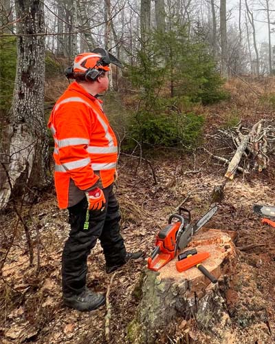 En man i oranga abretskläder och orange hjälp som står i en skog. Hans motorsåg ligger på en stubbe.